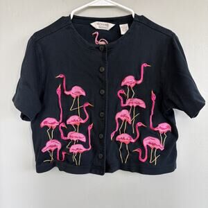 VTG Bechamel Petites Short Sleeve Black Cardigan Pink Embroidered Flamingos PM